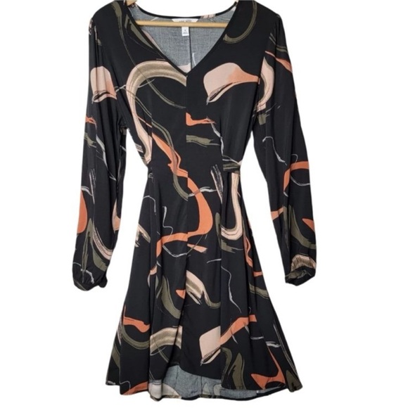 Nine West Short Black Belted Shift Dress Pink Coral Swirl Pattern Long Sleeve XL - Picture 1 of 6